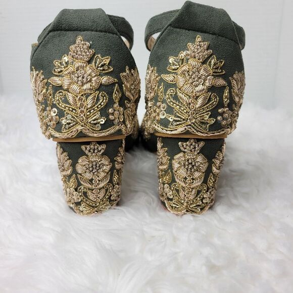 Green Handmade Bridal Heels, Zari Work Heels  Weeding Shoes - Picture 4 of 9